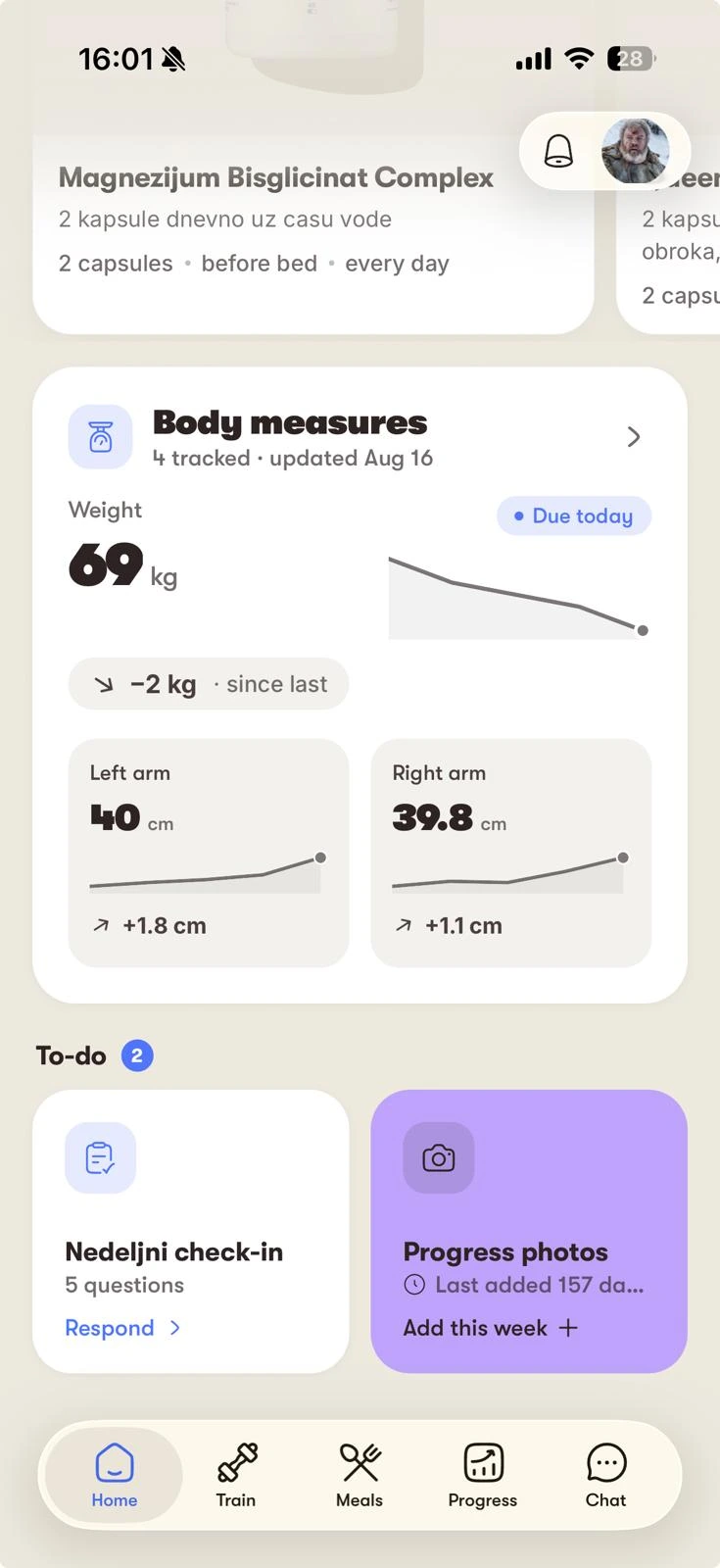 Nedeljni check-in i praćenje telesnih mera u CoachMe aplikaciji