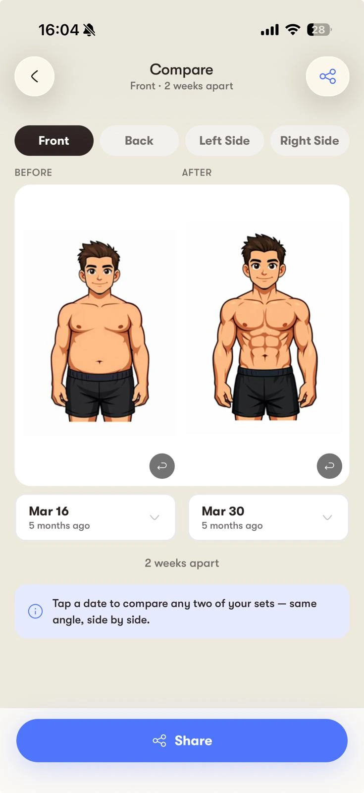 Poređenje napretka kroz progres fotografije u CoachMe aplikaciji